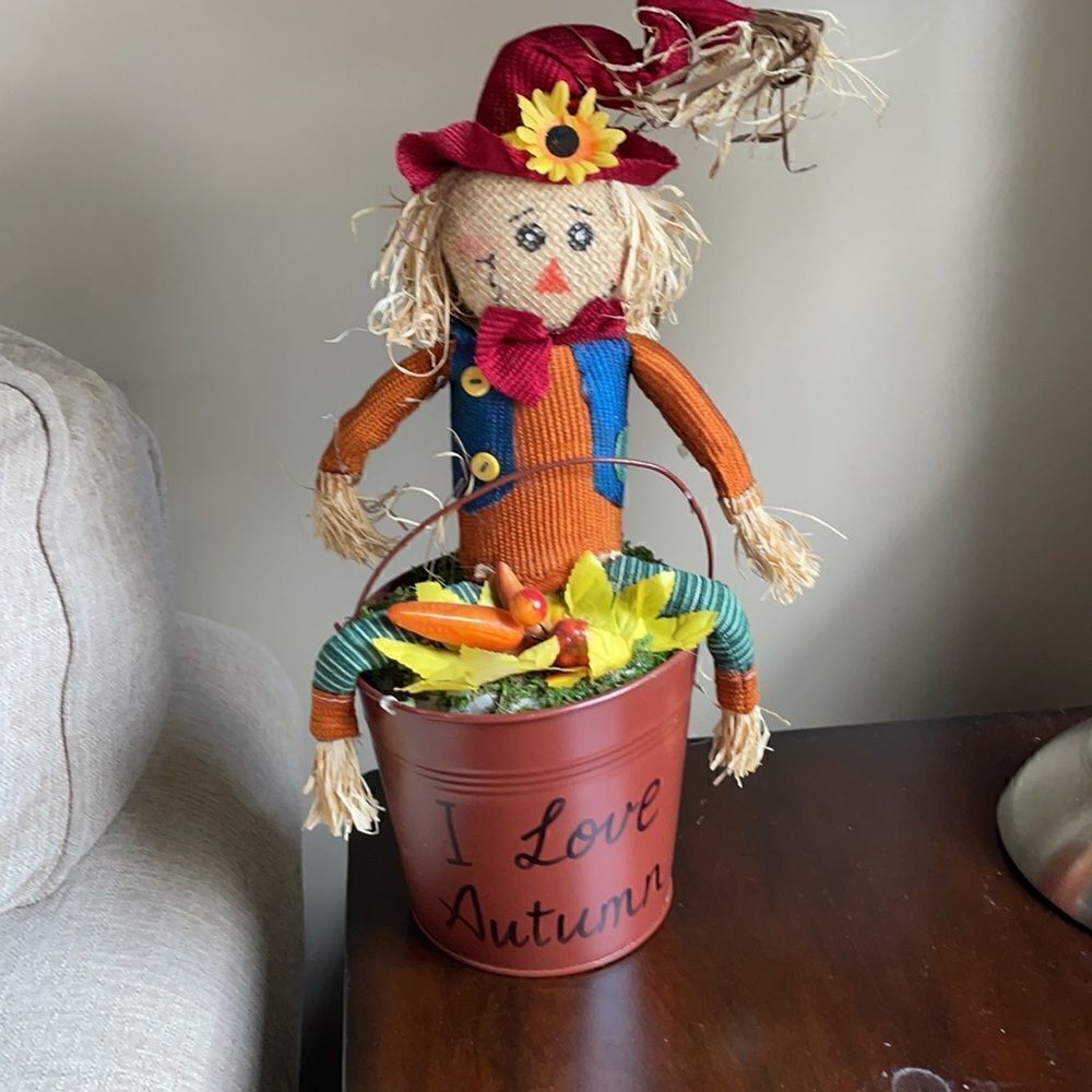 “I Love Autumn” Halloween Decor Scarecrow in a Bucket